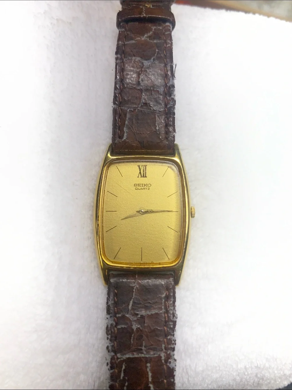 Seiko Gold-Tone Rectangular Dress Watch with Brown Leather Strap